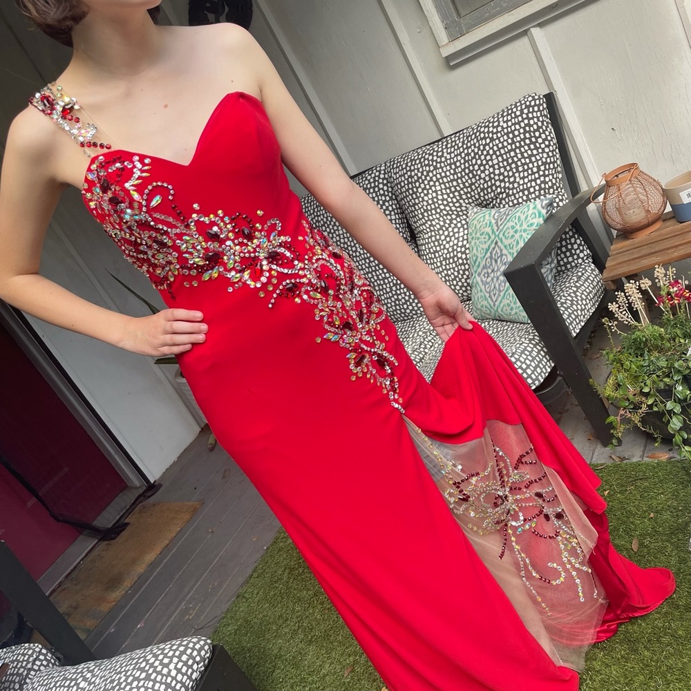 Party Time Formals - Red long Evening Prom gown rhinestones with train
